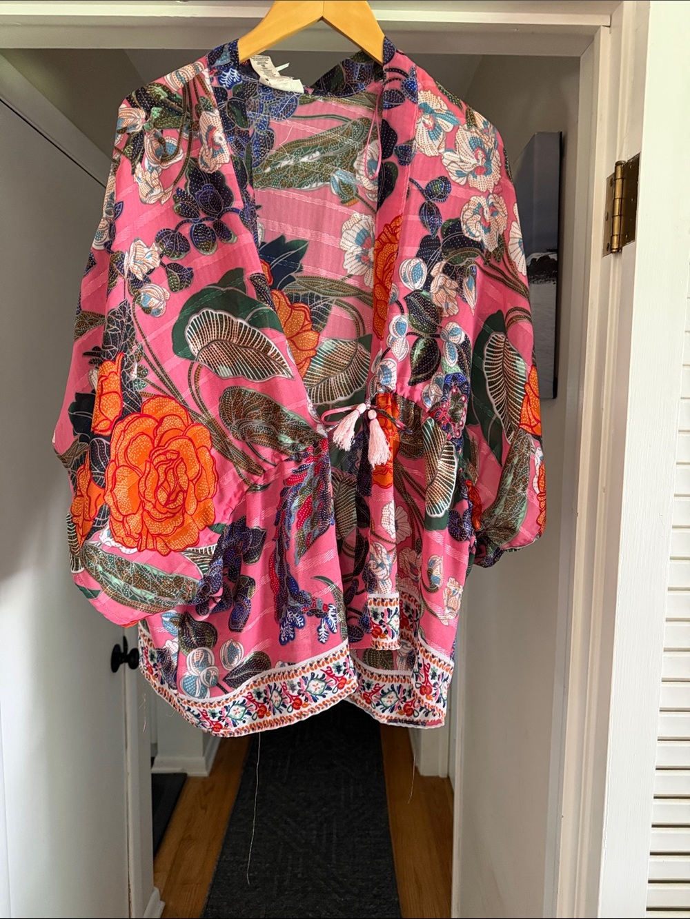 We The Free Pink Floral Kimono Wrap with Orange & Green Accents